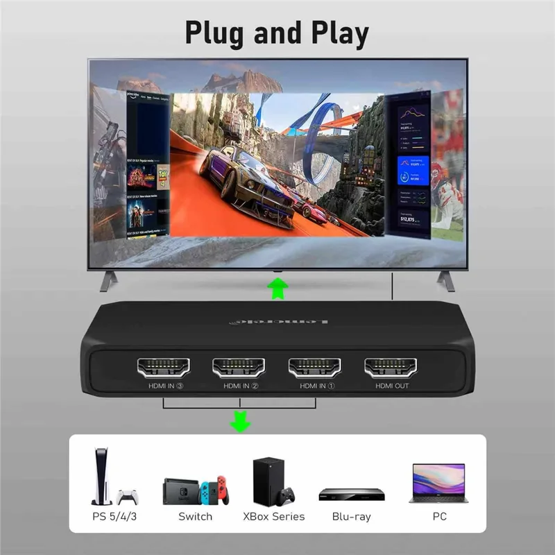 LEMORELE G99 3 Entradas 1 Saída HD Switch com Controlo Remoto 4K@30Hz Filtra Automaticamente Canais Comutador Partilhado para Consola de Jogos PC TV - Preto