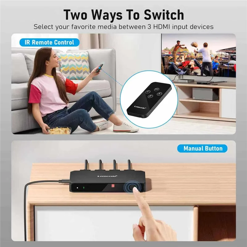 LEMORELE G99 3 Entradas 1 Saída HD Switch com Controlo Remoto 4K@30Hz Filtra Automaticamente Canais Comutador Partilhado para Consola de Jogos PC TV - Preto