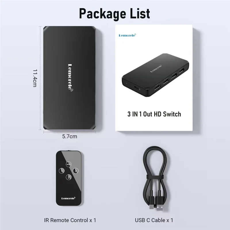 LEMORELE G99 3 Entradas 1 Saída HD Switch com Controlo Remoto 4K@30Hz Filtra Automaticamente Canais Comutador Partilhado para Consola de Jogos PC TV - Preto