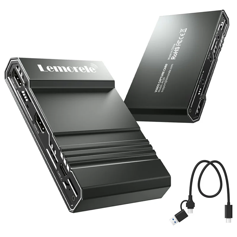 LEMORELE AC09 Placa de Captura de Vídeo 4K 60Hz, Misturador de Áudio HD, Tipo-C, Gravação para Jogos e Transmissão em Direto - Cinza Prateado
