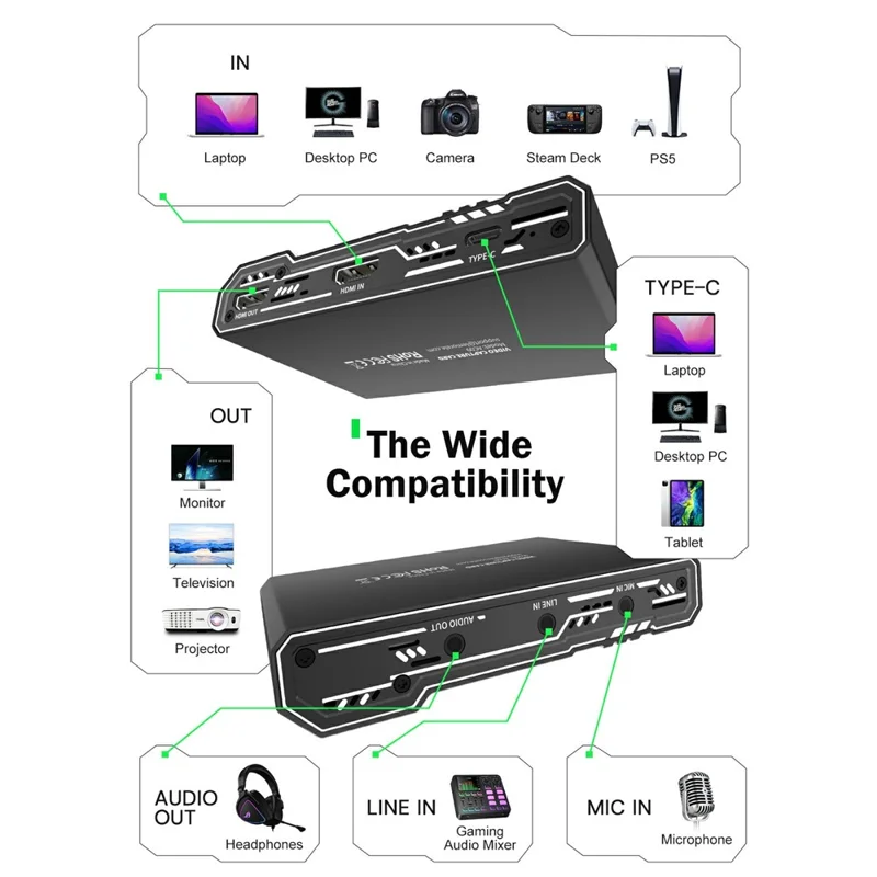 LEMORELE AC09 Placa de Captura de Vídeo 4K 60Hz, Misturador de Áudio HD, Tipo-C, Gravação para Jogos e Transmissão em Direto - Cinza Prateado