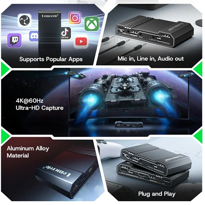 LEMORELE AC09 Placa de Captura de Vídeo 4K 60Hz, Misturador de Áudio HD, Tipo-C, Gravação para Jogos e Transmissão em Direto - Cinza Prateado
