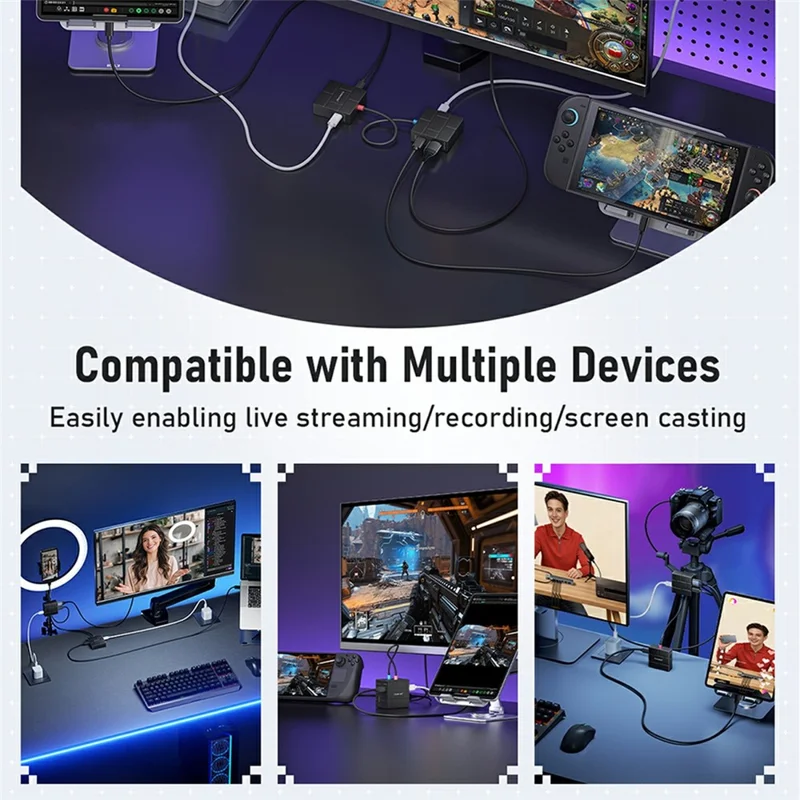Lemorele AC12 Mini Placa de Captura de Vídeo HD com Interface Type-C Gravador Adaptador com Loop-Out HD de Baixa Latência 1080P 60Hz para Transmissão de Jogos - Preto