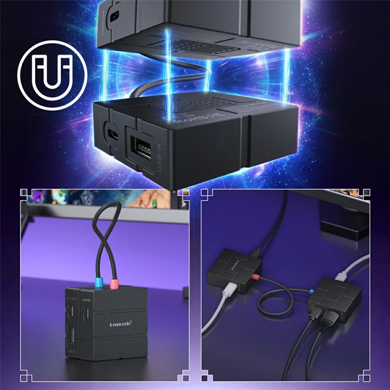 Lemorele AC12 Mini Placa de Captura de Vídeo HD com Interface Type-C Gravador Adaptador com Loop-Out HD de Baixa Latência 1080P 60Hz para Transmissão de Jogos - Preto