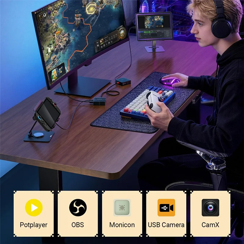 Lemorele AC12 Mini Placa de Captura de Vídeo HD com Interface Type-C Gravador Adaptador com Loop-Out HD de Baixa Latência 1080P 60Hz para Transmissão de Jogos - Preto