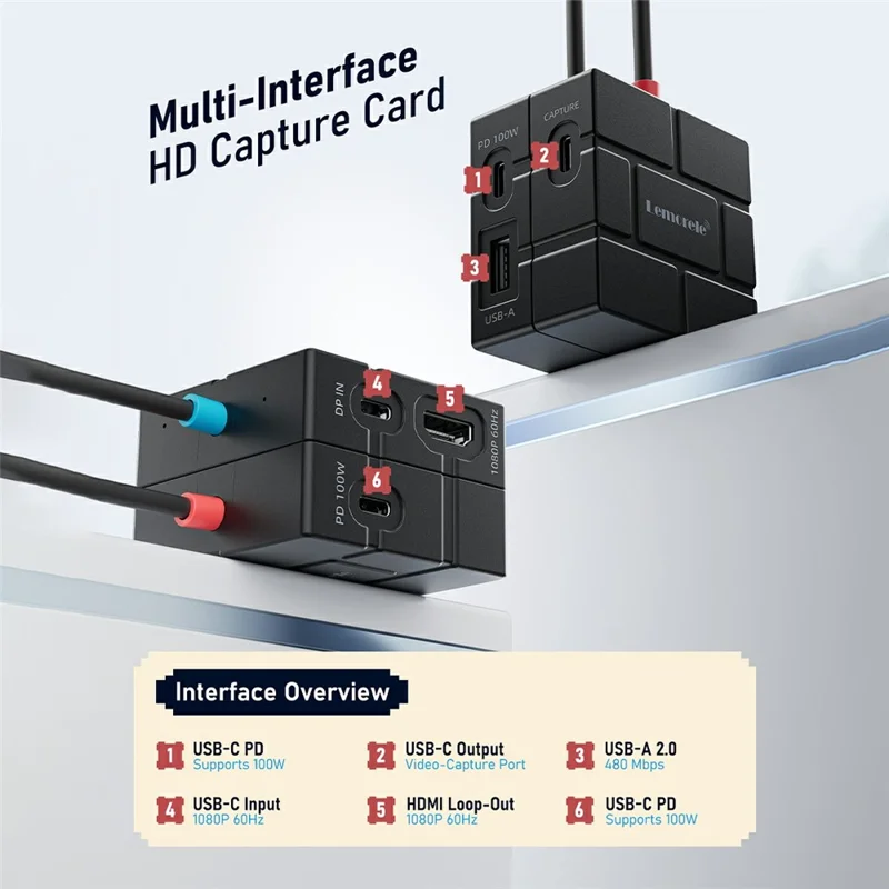 Lemorele AC12 Mini Placa de Captura de Vídeo HD com Interface Type-C Gravador Adaptador com Loop-Out HD de Baixa Latência 1080P 60Hz para Transmissão de Jogos - Preto