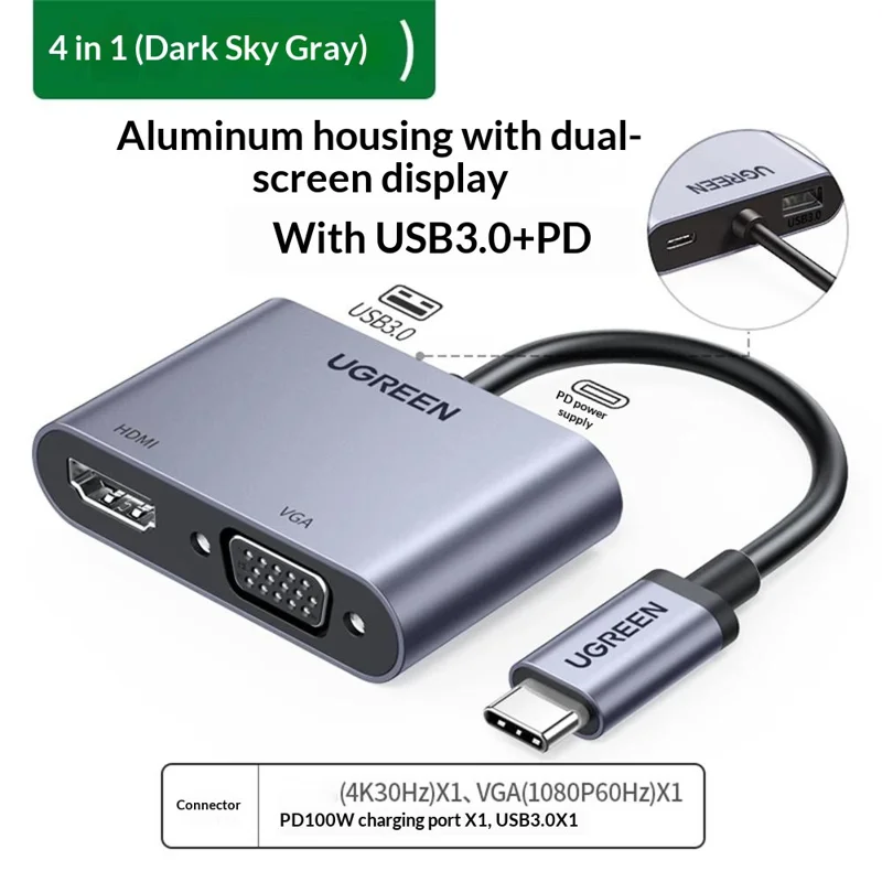 UGREEN 50505 Hub 4 en 1 USB-C vers HD 4K/30 Hz, VGA, USB 3.0, Adaptateur de Chargement Rapide PD 100 W