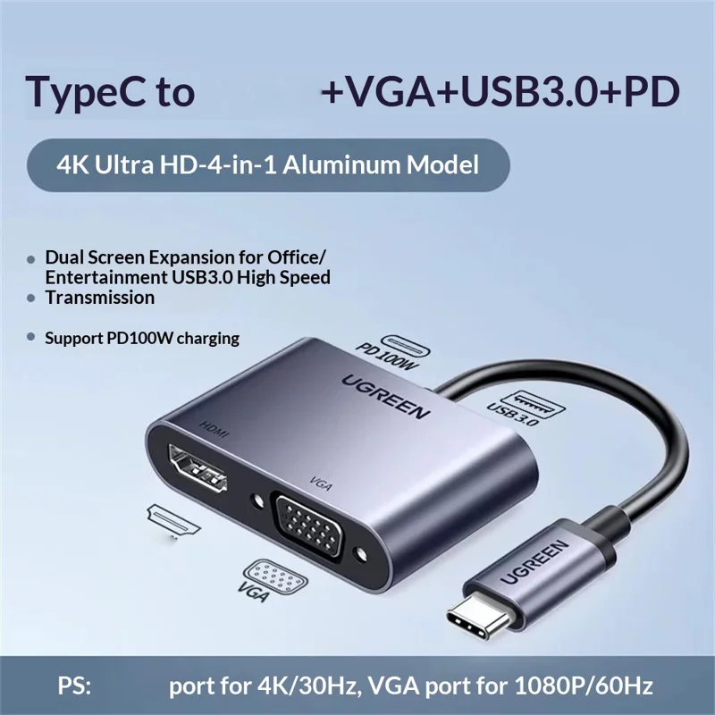 UGREEN 50505 Hub 4 en 1 USB-C vers HD 4K/30 Hz, VGA, USB 3.0, Adaptateur de Chargement Rapide PD 100 W