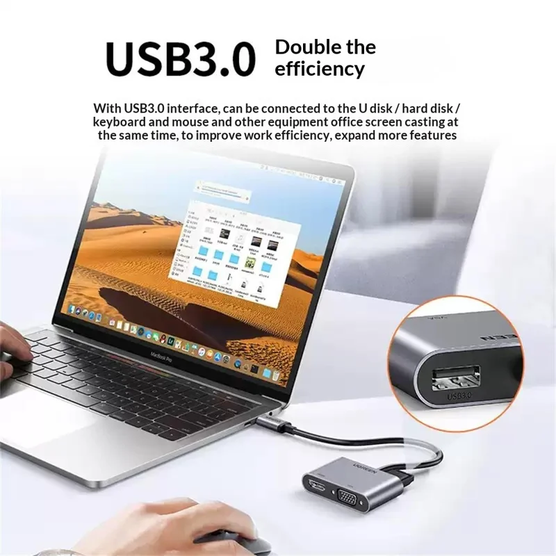 UGREEN 50505 Hub 4 en 1 USB-C vers HD 4K/30 Hz, VGA, USB 3.0, Adaptateur de Chargement Rapide PD 100 W
