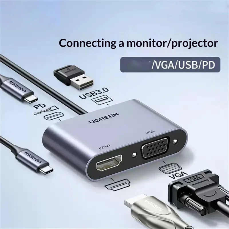 UGREEN 50505 Hub 4 en 1 USB-C vers HD 4K/30 Hz, VGA, USB 3.0, Adaptateur de Chargement Rapide PD 100 W