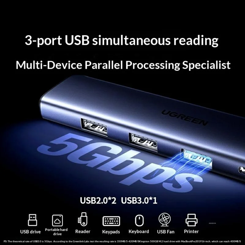 UGREEN CM478-15495 5 in 1 Type-C Docking Station 4K / 30Hz HD USB 3.0 PD 100W Charging Hub for MacBook