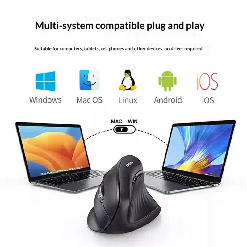 UGREEN MU008 45388 Rato Vertical Ergonómico Bluetooth-compatível / 2.4G Modo Duplo Rato Sem Fios 4000DPI - Preto