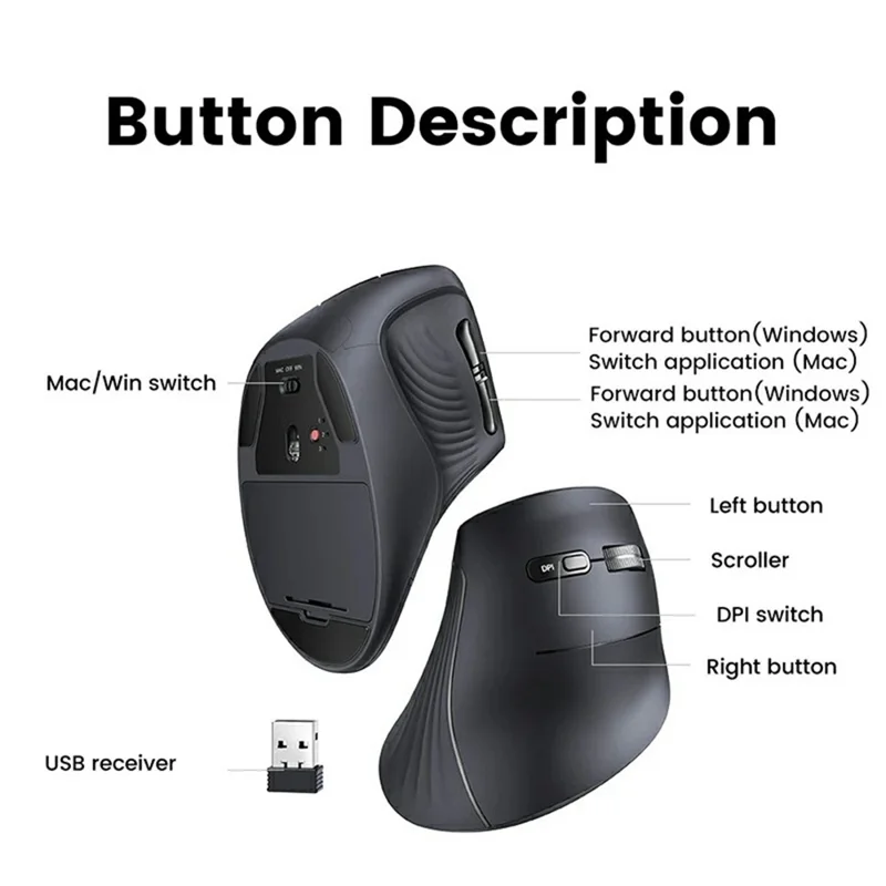 UGREEN MU008 45388 Rato Vertical Ergonómico Bluetooth-compatível / 2.4G Modo Duplo Rato Sem Fios 4000DPI - Preto