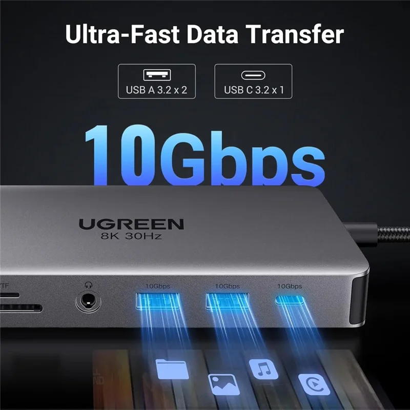 UGREEN 15965  11 in 1 USB-C Hub Dual HD USB-A / USB-C 3.2 Ethernet Adapter SD / TF Card Reader with 3.5mm Audio Port