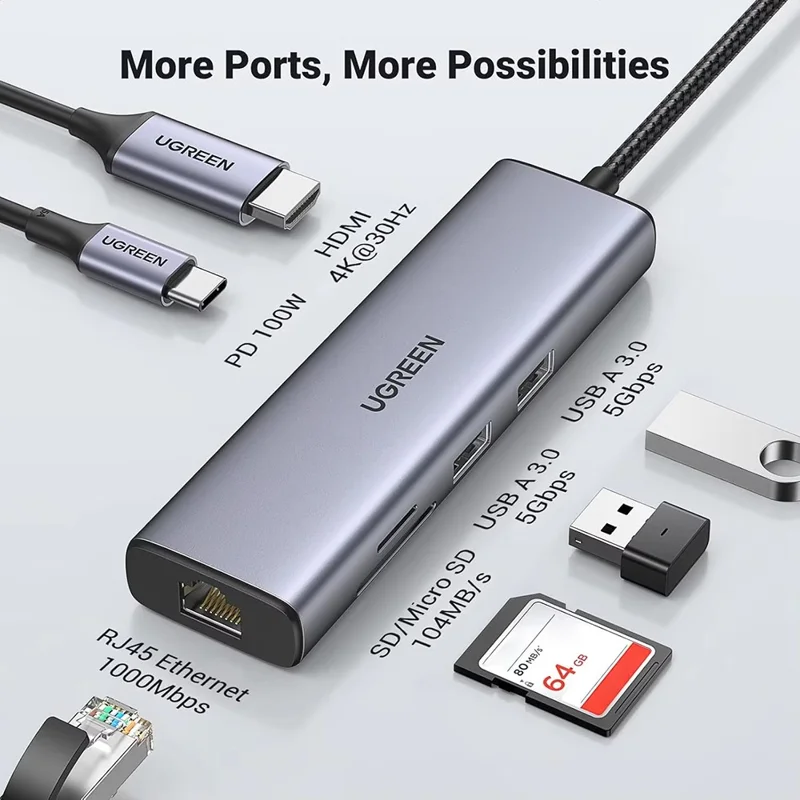 UGREEN CM512 90568 7 in 1 USB-C Hub Type-C to 4K / 30Hz HD USB 3.0 PD 100W RJ45 SD / TF Card Reader