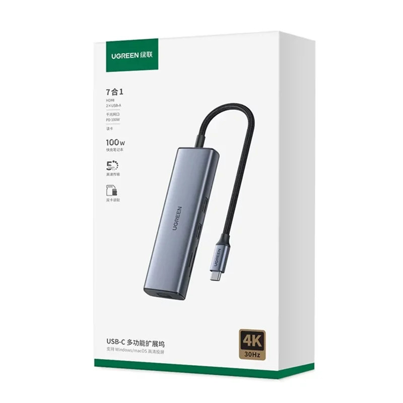 UGREEN CM512 90568 7 in 1 USB-C Hub Type-C to 4K / 30Hz HD USB 3.0 PD 100W RJ45 SD / TF Card Reader