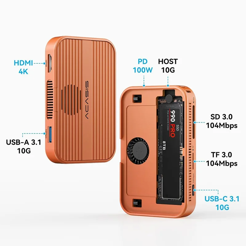 ACASIS EC-1401 10Gbps Magnetic M.2 NVMe SSD Enclosure 6 in 1 USB-C Docking Station with Cooling Fan - Orange