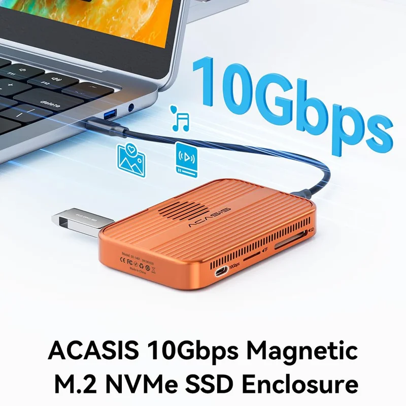 ACASIS EC-1401 10Gbps Magnetic M.2 NVMe SSD Enclosure 6 in 1 USB-C Docking Station with Cooling Fan - Orange
