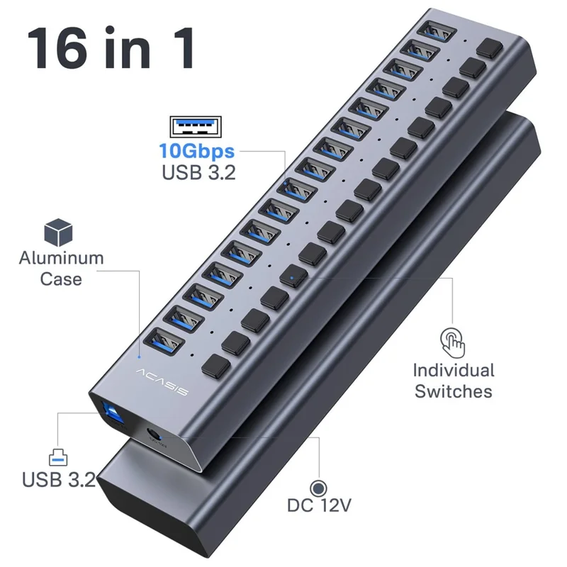 ACASIS HS-716 16-Port USB 3.2 Hub 10Gbps Data Transfer Aluminum Alloy Splitter with 96W Power Adapter for PC Laptop - EU Plug
