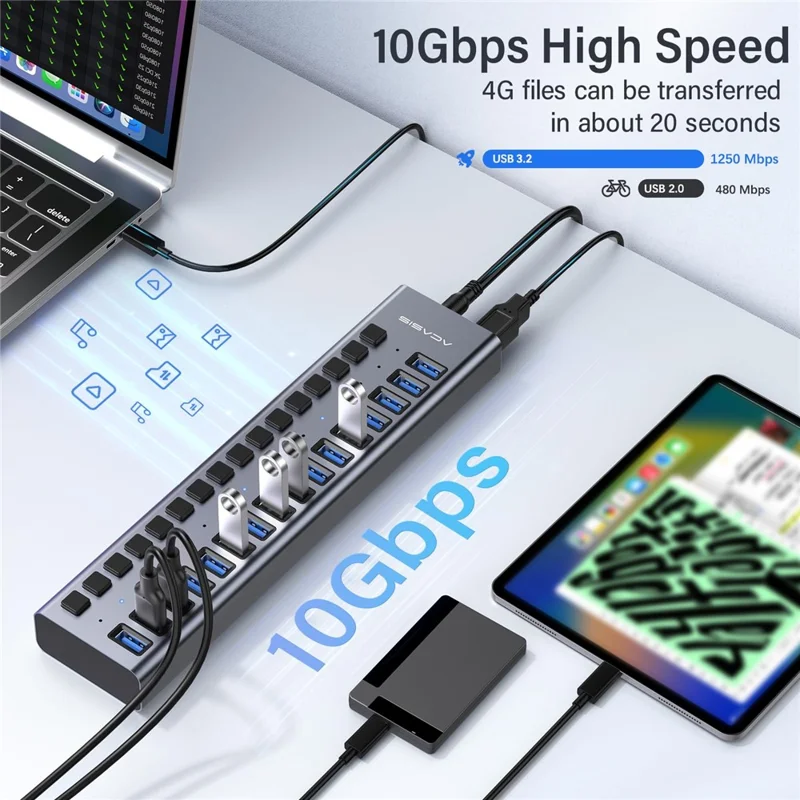 ACASIS HS-716 16-Port USB 3.2 Hub 10Gbps Data Transfer Aluminum Alloy Splitter with 96W Power Adapter for PC Laptop - EU Plug