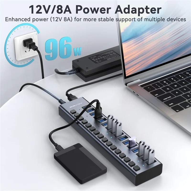 ACASIS HS-716 16-Port USB 3.2 Hub 10Gbps Data Transfer Aluminum Alloy Splitter with 96W Power Adapter for PC Laptop - EU Plug