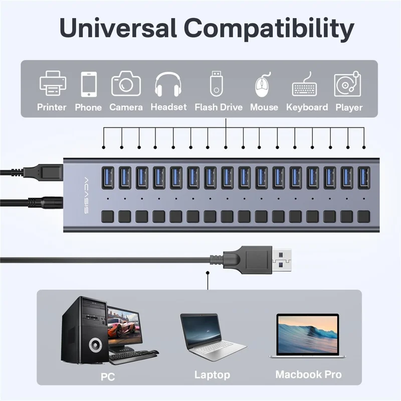 ACASIS HS-716 16-Port USB 3.2 Hub 10Gbps Data Transfer Aluminum Alloy Splitter with 96W Power Adapter for PC Laptop - EU Plug
