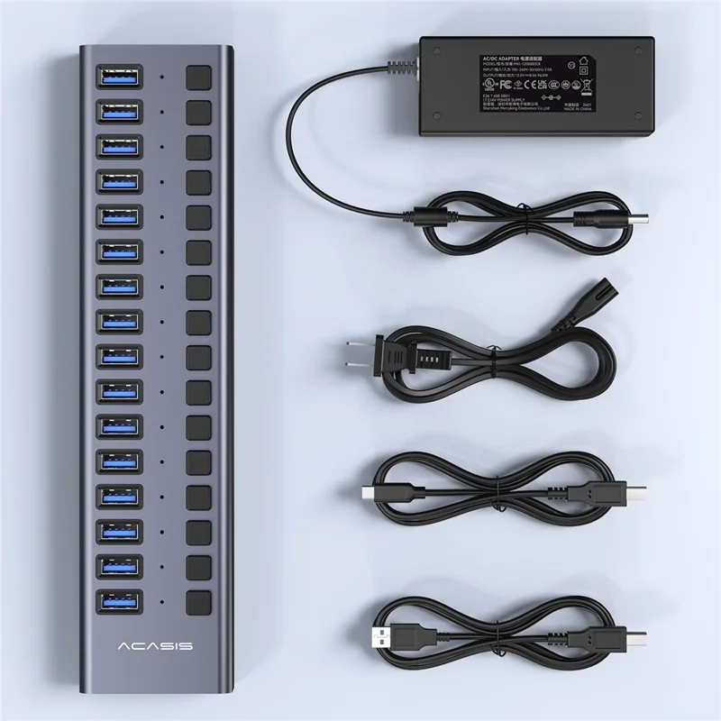 ACASIS HS-716 16-Port USB 3.2 Hub 10Gbps Data Transfer Aluminum Alloy Splitter with 96W Power Adapter for PC Laptop - EU Plug