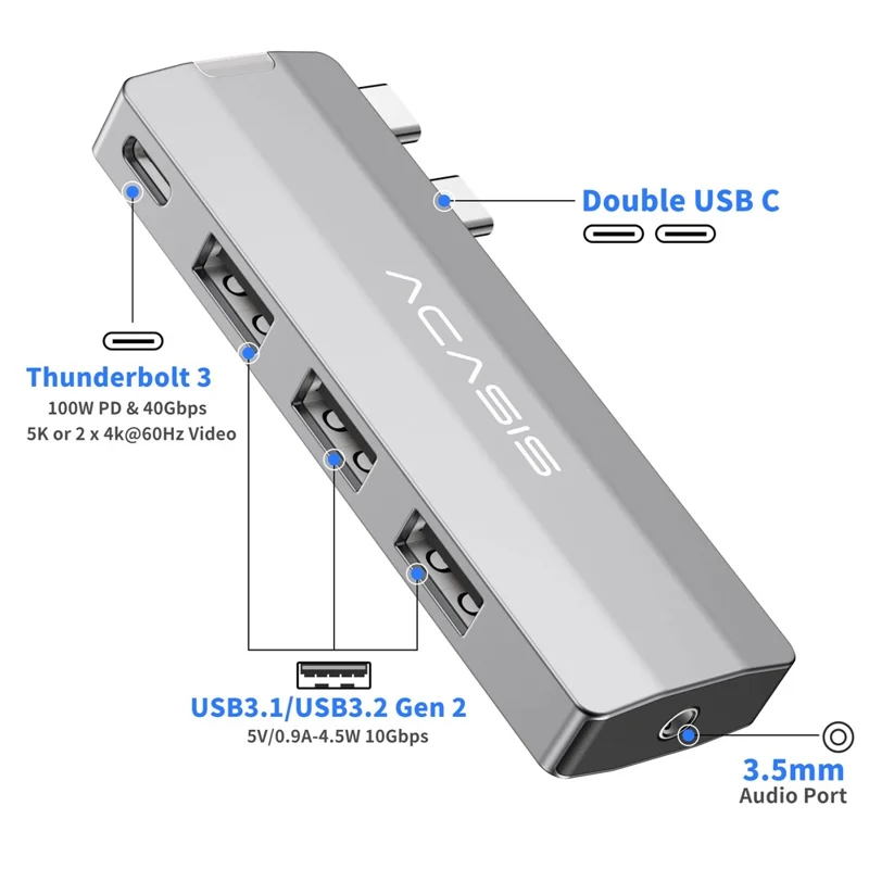 ACASIS Concentrador USB 5 en 1 para MacBook Pro/Air PD 100 W Thunderbolt 3 USB-C 3x USB-A 10 Gbps Estación de acoplamiento con vídeo 5K