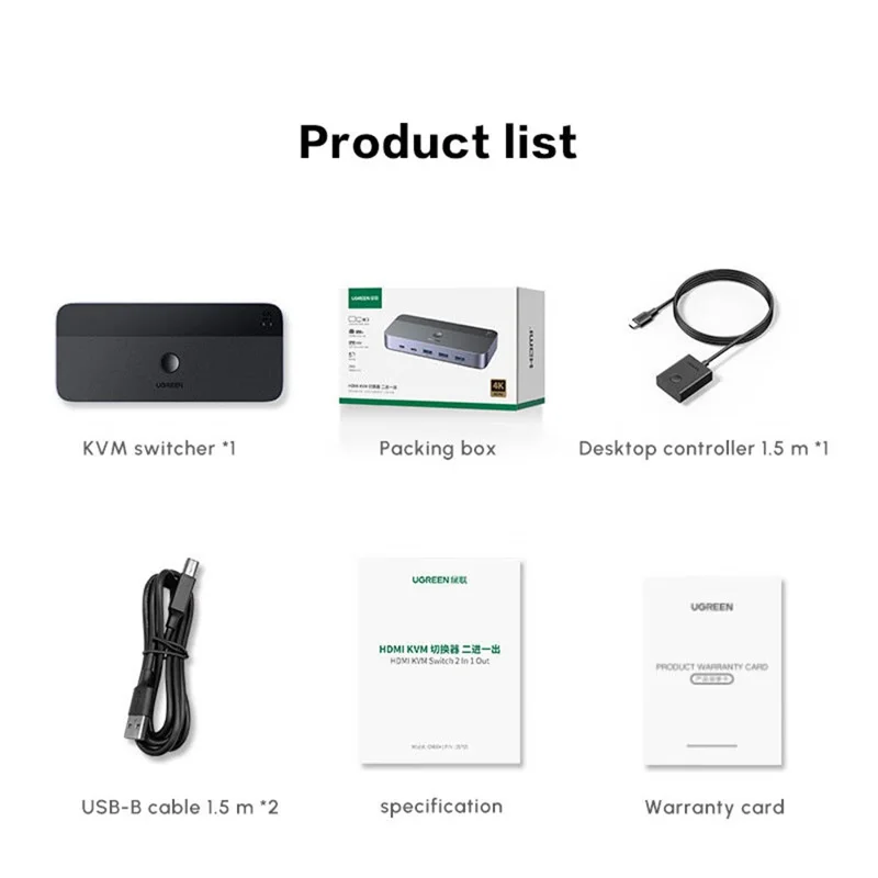 UGREEN 35765 HD KVM Switch 2 en 1 Salida 4K 60Hz USB 3.0 Dispositivo de Compartición para Controlador de Escritorio