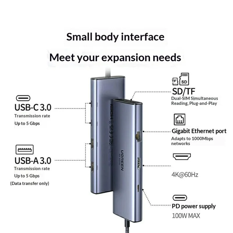 UGREEN 15375 USB-C Hub 9 in 1 Type C Docking Station 4K / 60Hz HD PD 100W Fast Charging for Laptop