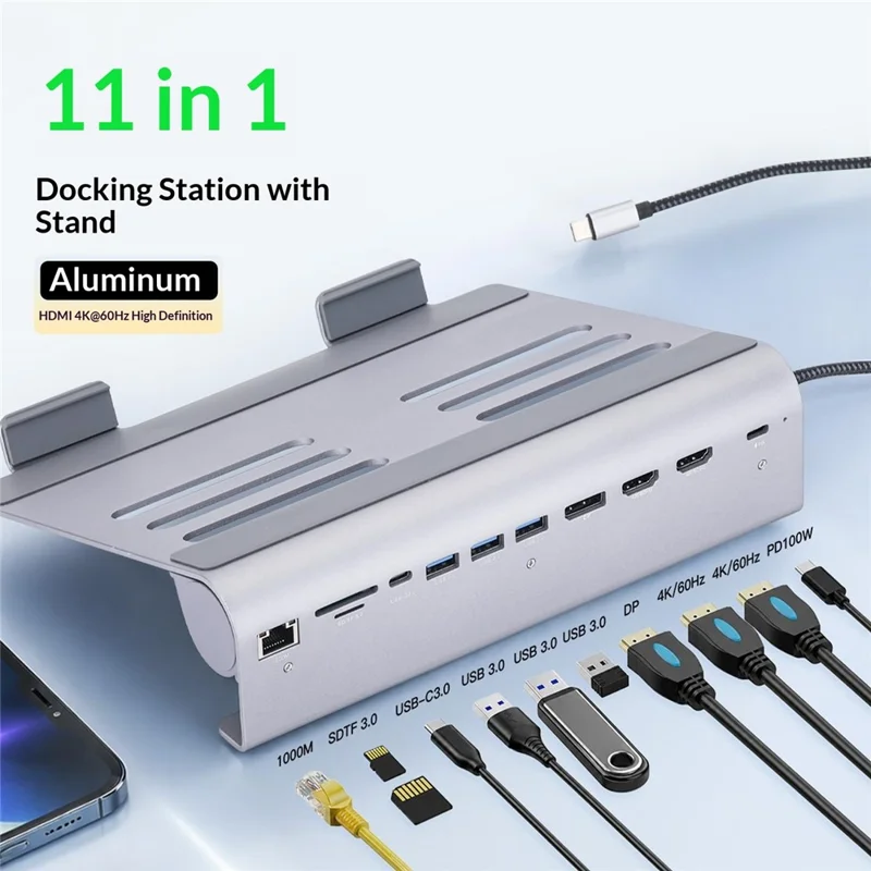 2601 Laptop Stand with Docking Station 11 in 1 PD 100W 4K HD DP RJ45 USB-C Hub - Grey