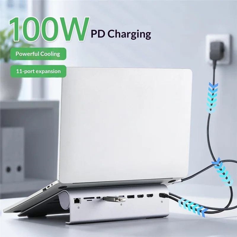 2601 Laptop Stand with Docking Station 11 in 1 PD 100W 4K HD DP RJ45 USB-C Hub - Grey