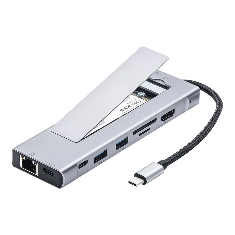 2529 9 in 1 USB 3.2 Hub M.2 NVMe SSD Enclosure Type-C Docking Station Ethernet HD 4K 60Hz PD 100W - Grey