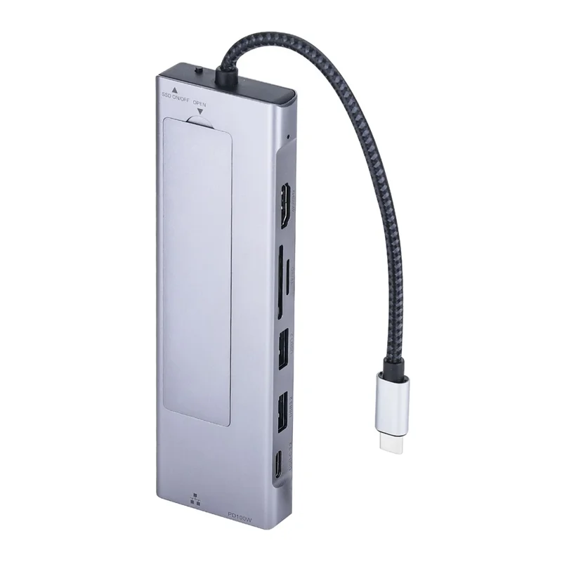 2529 9 in 1 USB 3.2 Hub M.2 NVMe SSD Enclosure Type-C Docking Station Ethernet HD 4K 60Hz PD 100W - Grey