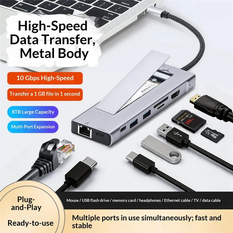 2529 9 in 1 USB 3.2 Hub M.2 NVMe SSD Enclosure Type-C Docking Station Ethernet HD 4K 60Hz PD 100W - Grey