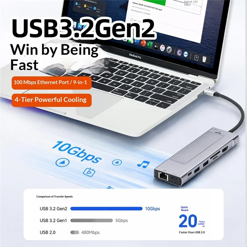 2529 9 in 1 USB 3.2 Hub M.2 NVMe SSD Enclosure Type-C Docking Station Ethernet HD 4K 60Hz PD 100W - Grey
