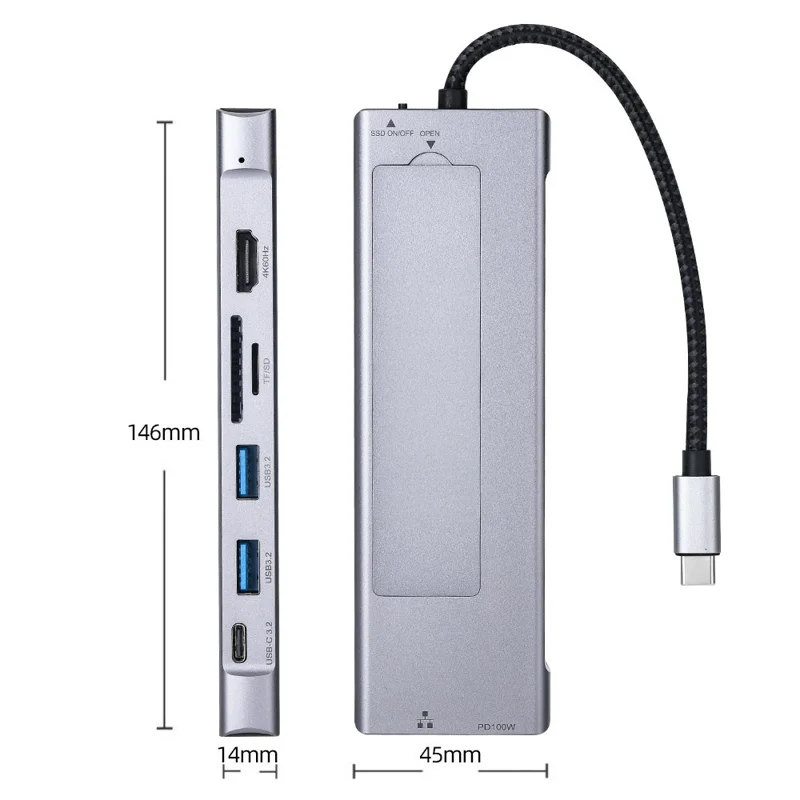2529 9 in 1 USB 3.2 Hub M.2 NVMe SSD Enclosure Type-C Docking Station Ethernet HD 4K 60Hz PD 100W - Grey