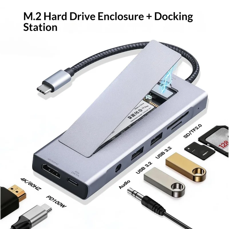 2605 USB 3.2 Hub 8 in 1 Type-C Docking Station Card Reader 4K HD M.2 NVMe Enclosure for Laptop - Grey