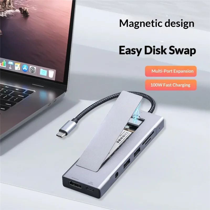 2605 USB 3.2 Hub 8 in 1 Type-C Docking Station Card Reader 4K HD M.2 NVMe Enclosure for Laptop - Grey