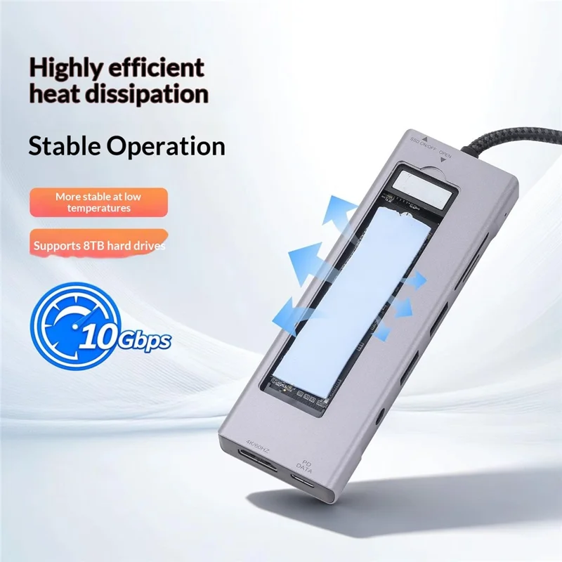 2605 USB 3.2 Hub 8 in 1 Type-C Docking Station Card Reader 4K HD M.2 NVMe Enclosure for Laptop - Grey