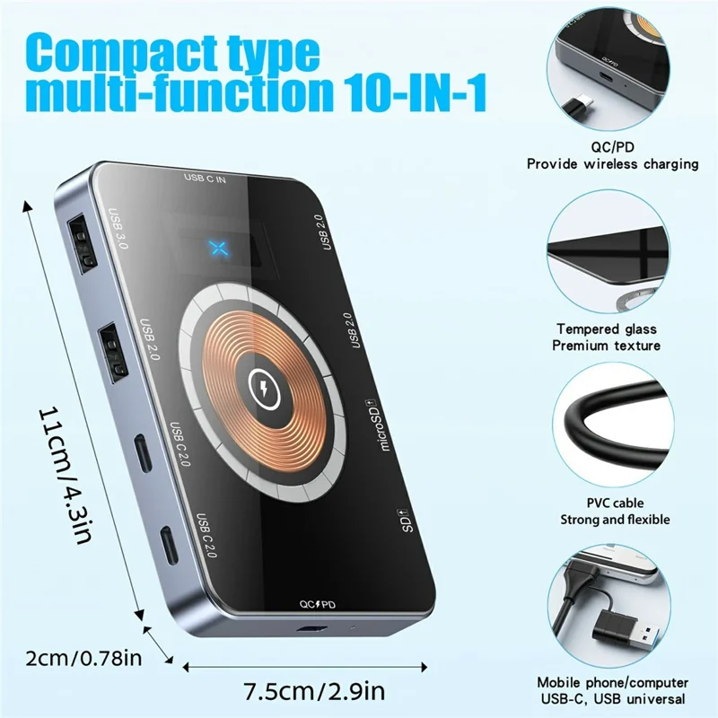 YC7209 USB-C Hub 10 in 1 Docking Station 15W Magnetic Wireless Charger with SD TF Card Reader
