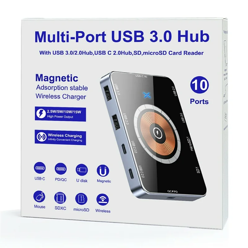 YC7209 USB-C Hub 10 in 1 Docking Station 15W Magnetic Wireless Charger with SD TF Card Reader