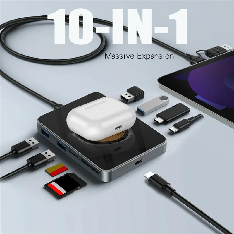 YC7209 USB-C Hub 10 in 1 Docking Station 15W Magnetic Wireless Charger with SD TF Card Reader