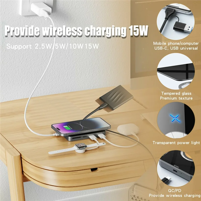 YC7209 USB-C Hub 10 in 1 Docking Station 15W Magnetic Wireless Charger with SD TF Card Reader