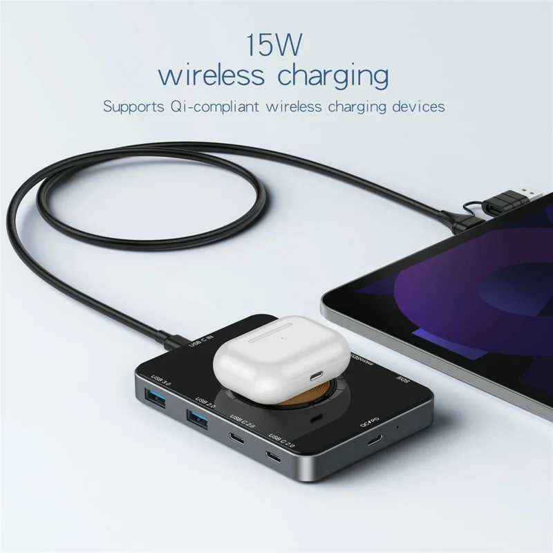 YC7209 USB-C Hub 10 in 1 Docking Station 15W Magnetic Wireless Charger with SD TF Card Reader