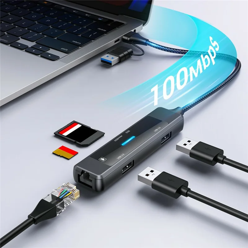 YC-912 USB-A 3.0 / USB-C Hub 5 in 1 Docking Station with 100Mbps Ethernet RJ45 SD TF Card Reader