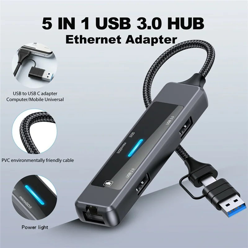 YC-912 USB-A 3.0 / USB-C Hub 5 in 1 Docking Station with 100Mbps Ethernet RJ45 SD TF Card Reader