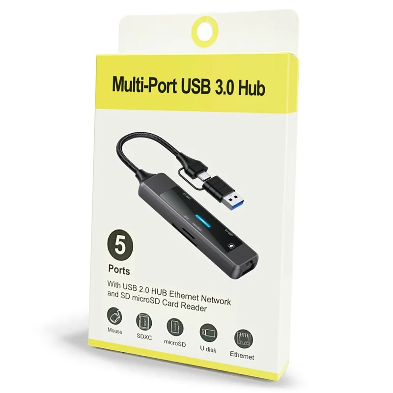YC-912 USB-A 3.0 / USB-C Hub 5 in 1 Docking Station with 100Mbps Ethernet RJ45 SD TF Card Reader