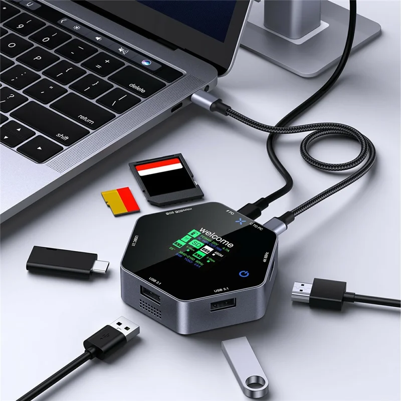 YC-931 4K 60Hz HD USB C Hub with Smart Display 8 in 1 Multiport Adapter PD 100W Charging