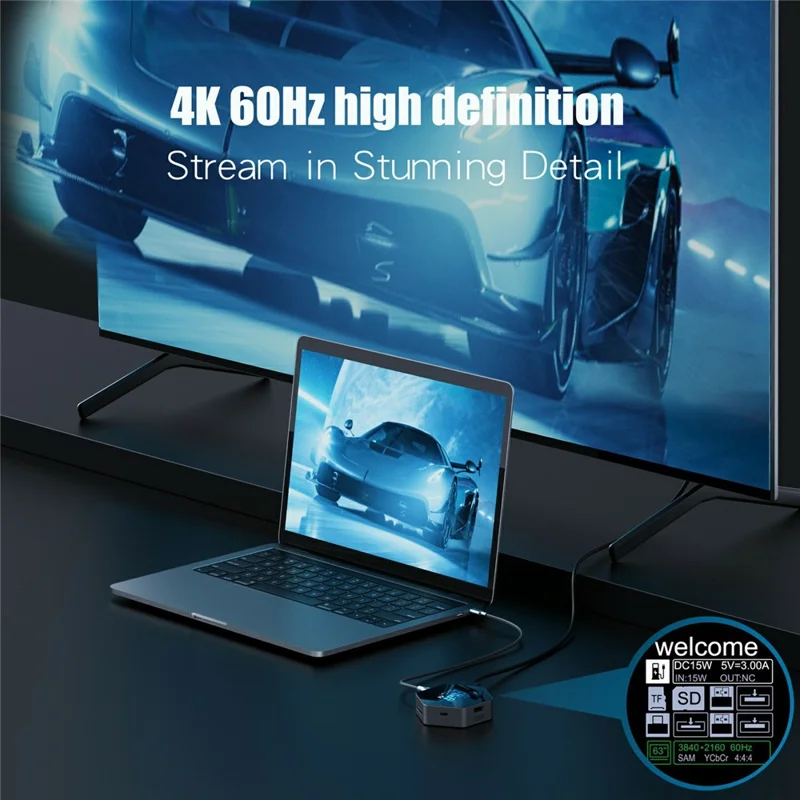 YC-931 4K 60Hz HD USB C Hub with Smart Display 8 in 1 Multiport Adapter PD 100W Charging